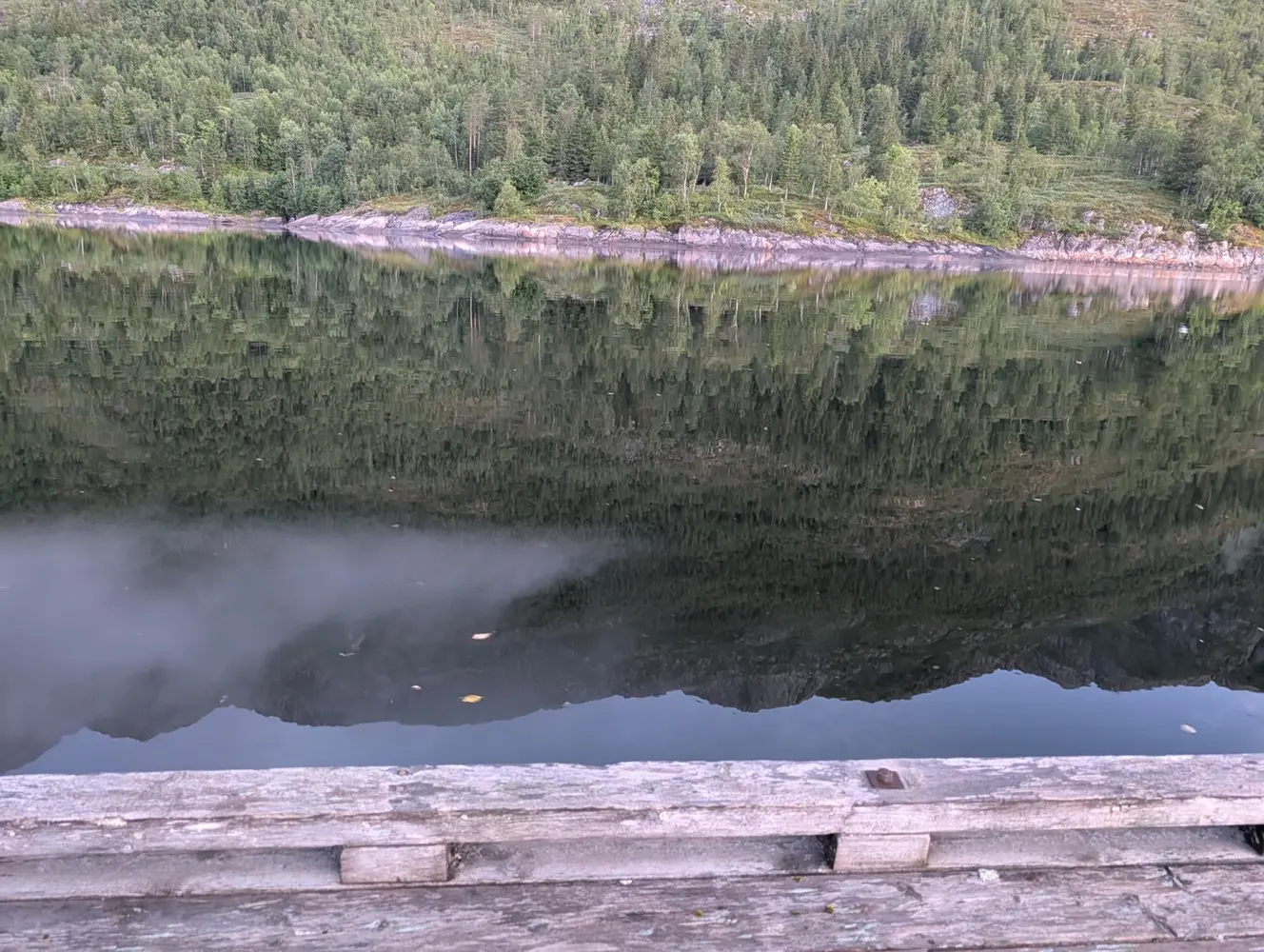 Fjell speiler seg i stille vann ved Vefsnfjorden